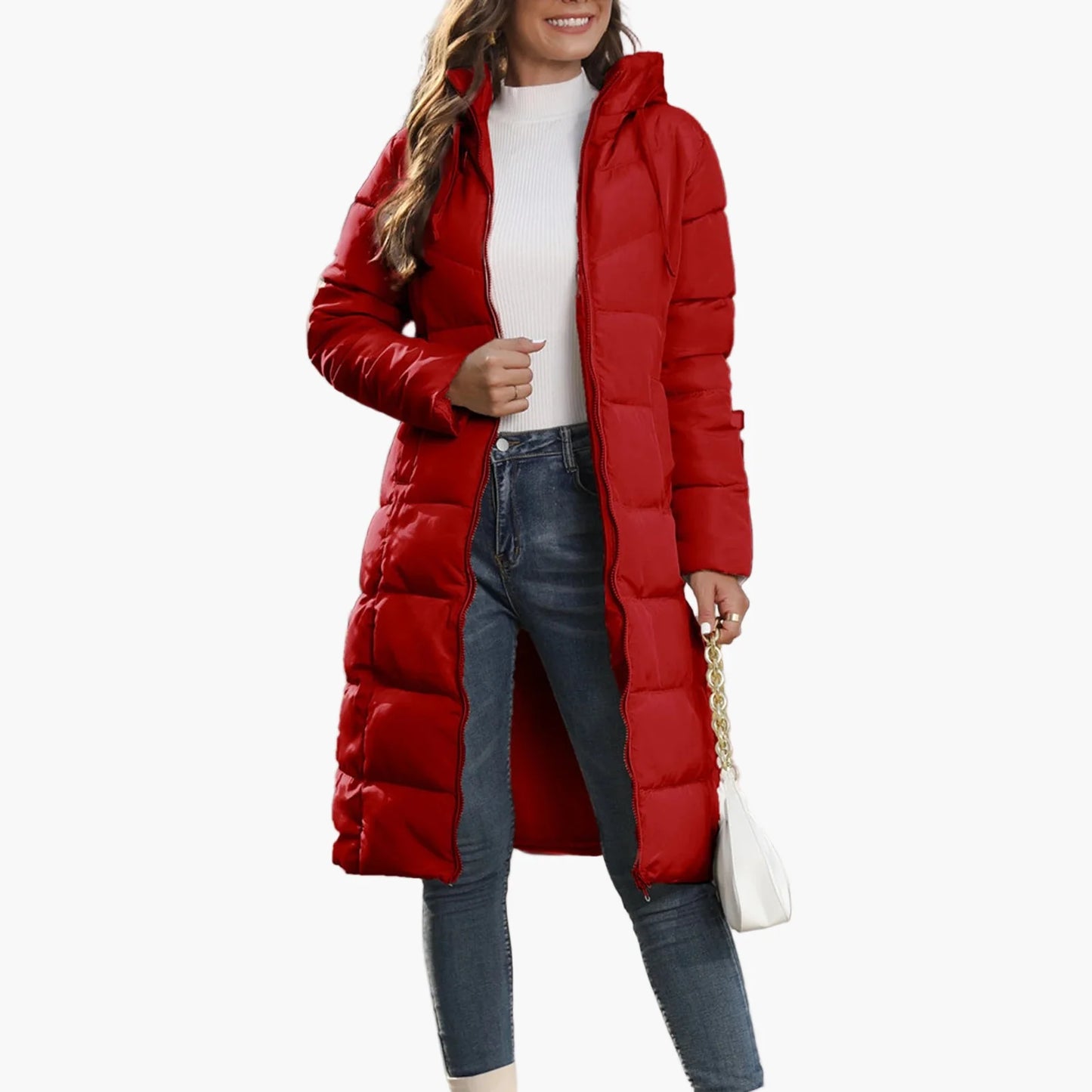 Dam lång quiltad vinterjacka med huva – trendig puffer för vardag och streetwear