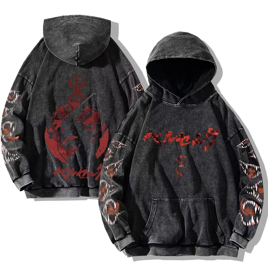 Svart huvtröja med tvättad look och tryck, Unisex Berserk-inspirerad hoodie