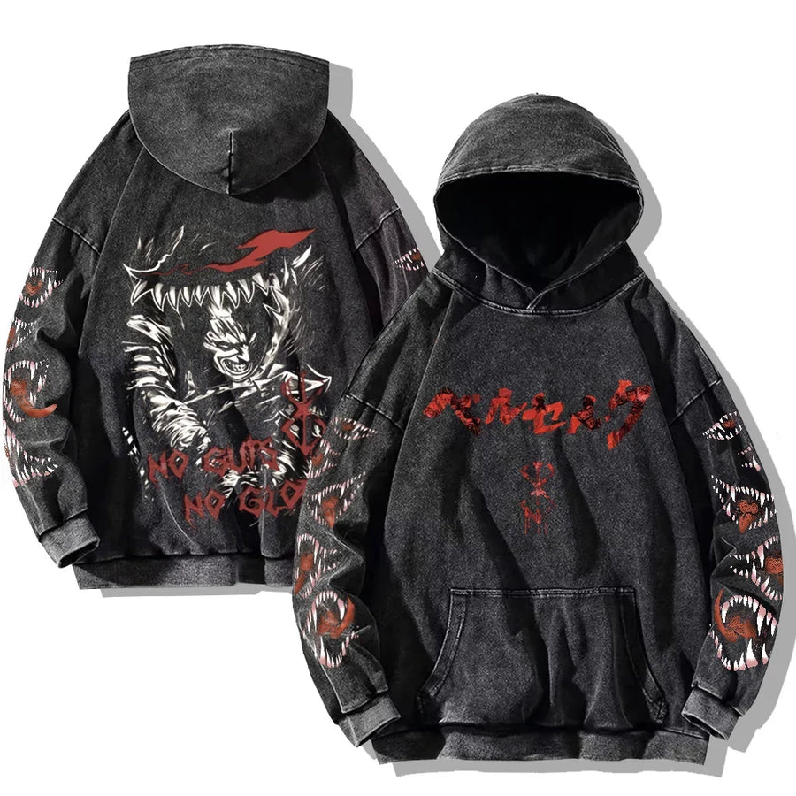 Svart huvtröja med tvättad look och tryck, Unisex Berserk-inspirerad hoodie
