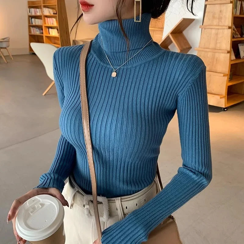 Dam ribbstickad polotröja, långärmad tröja i enfärgad design