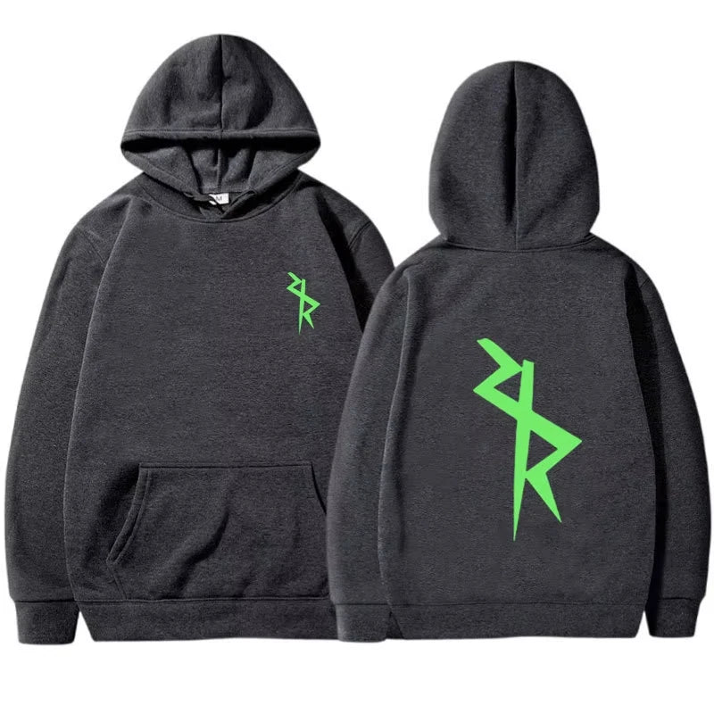 Hoodie med tryck, känguruficka och dragsko – svart, grå, vit