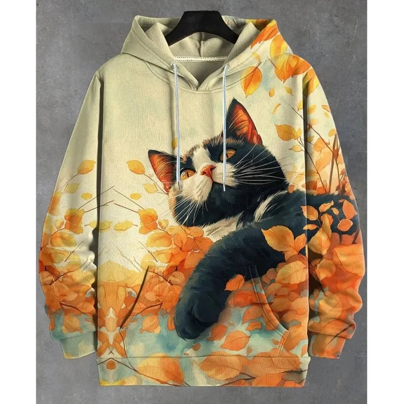 Hoodie med kattmotiv, tryck och huva, lång ärm