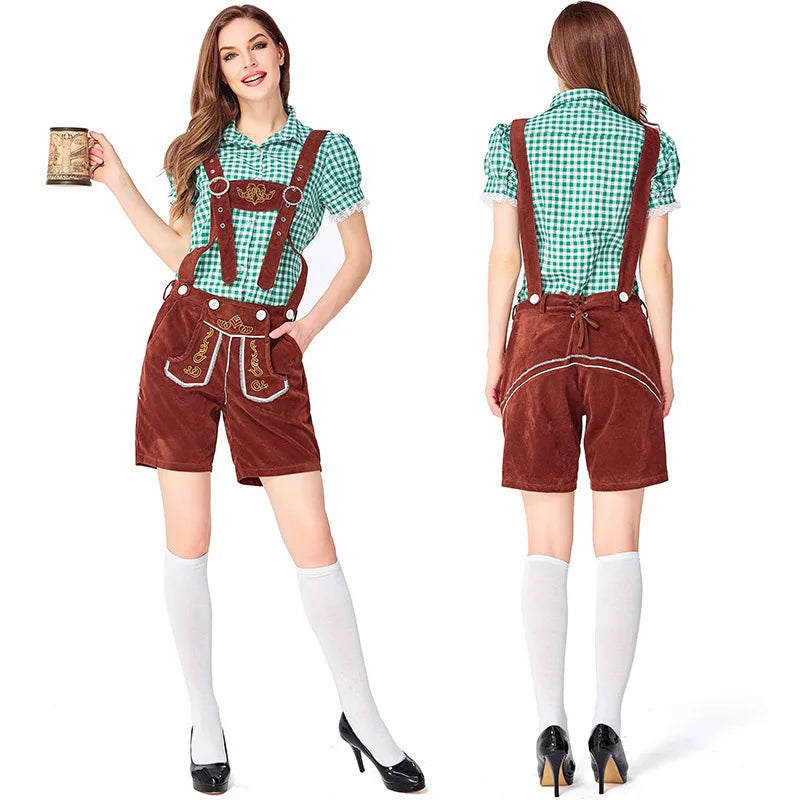 Dam Trachtenkostym med Rutig Blus och Hängselshorts