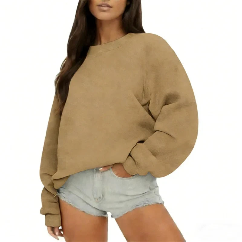 Enfärgad Sweatshirt för Dam med Rund Hals