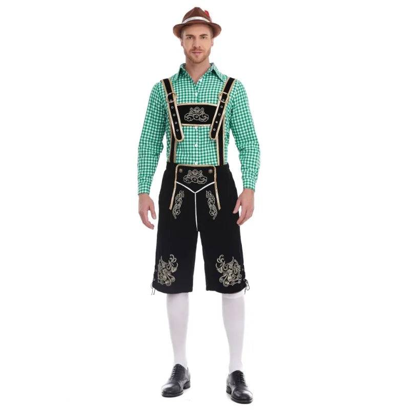 Oktoberfest herrkläder med rutig skjorta, broderade hängselbyxor och hatt