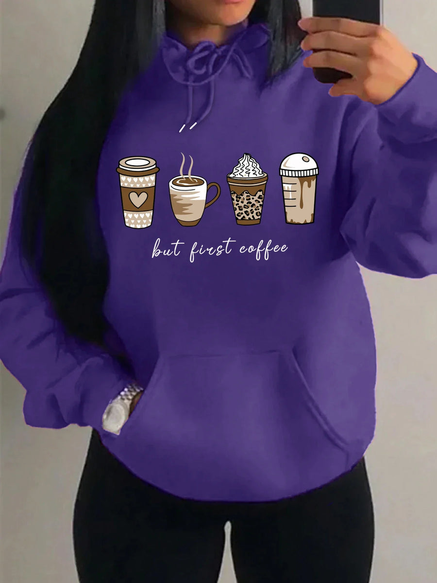 Huvtröja med "but first coffee"-tryck, känguruficka och dragsko