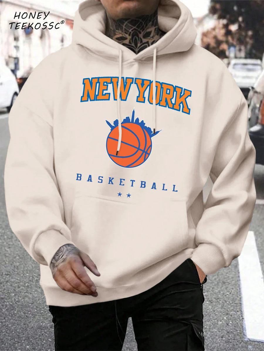 Hoodie med "New York" eller "Brooklyn" tryck, dragsko och känguruficka för män