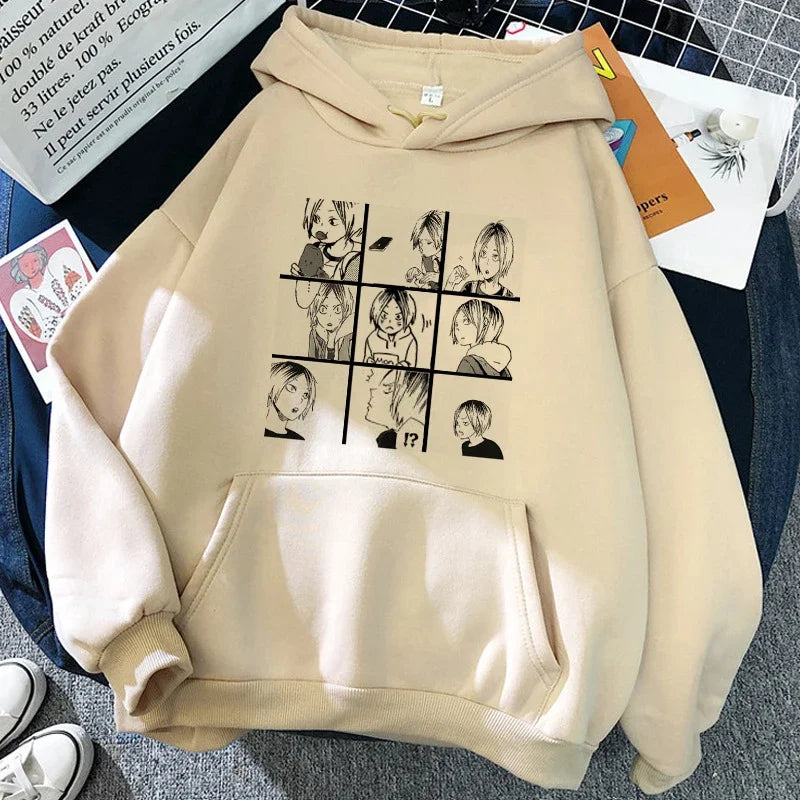 Hoodie med Karasuno Volleyball Club-tryck, beige/svart, unisex