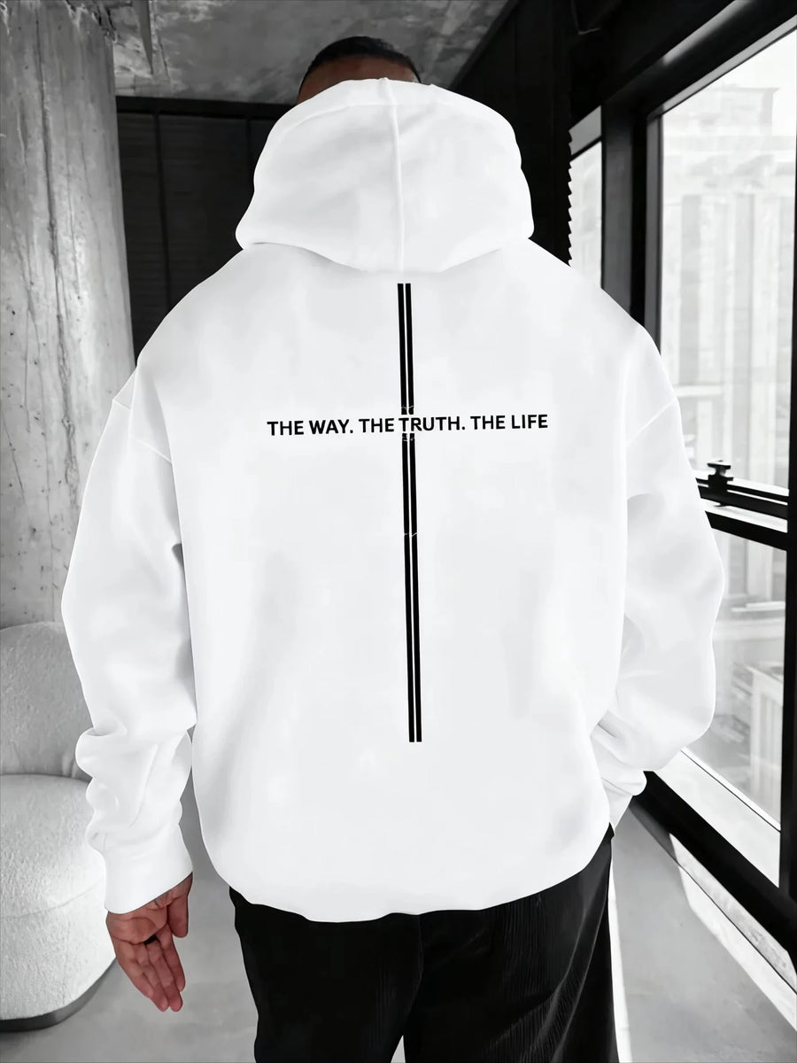 Hoodie med tryck och dubbla ränder, oversized passform
