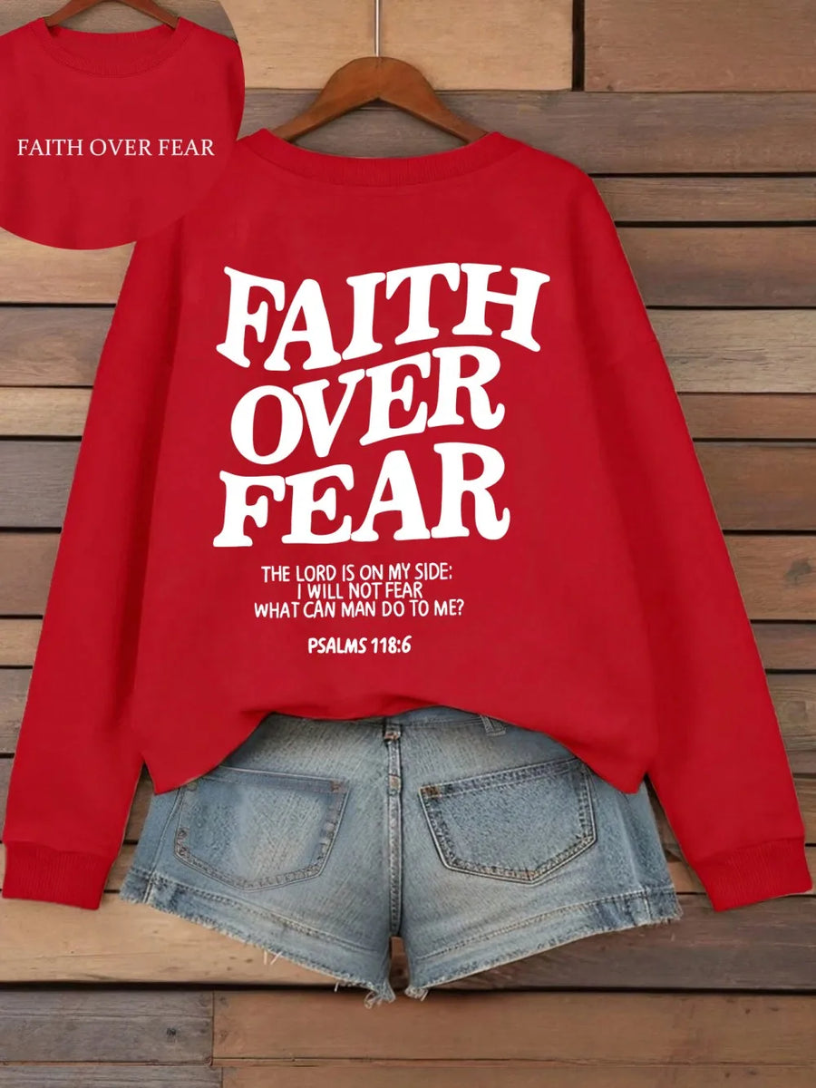 Hoodie med "Faith Over Fear" tryck och text, långärmad huvtröja