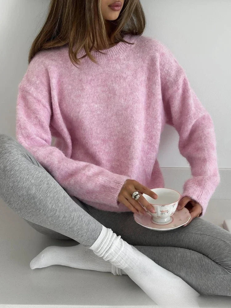 Rosa fluffig stickad tröja med rund hals