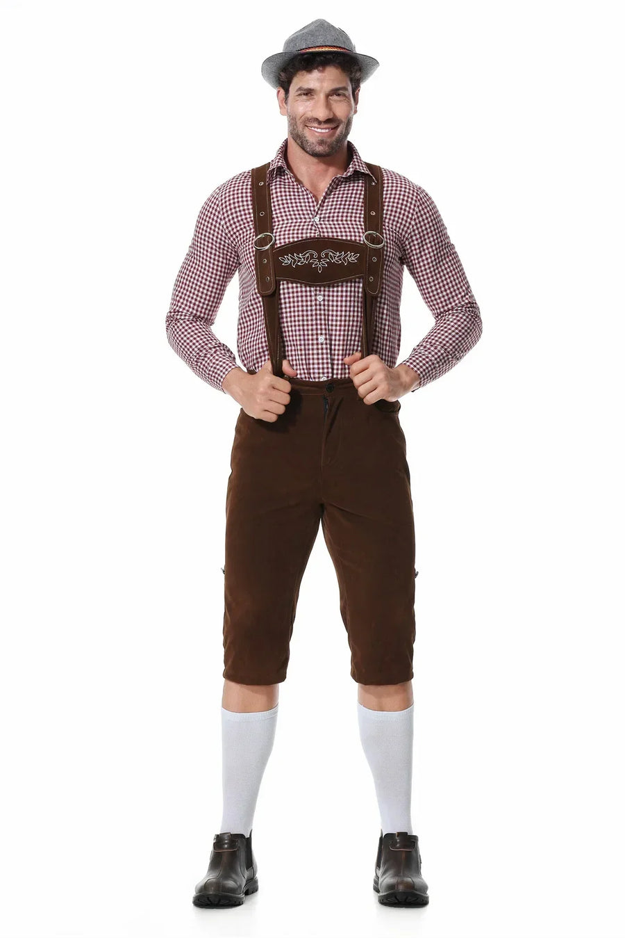 Lederhosen-inspirerad maskeradkostym med rutig skjorta och hängslen för män