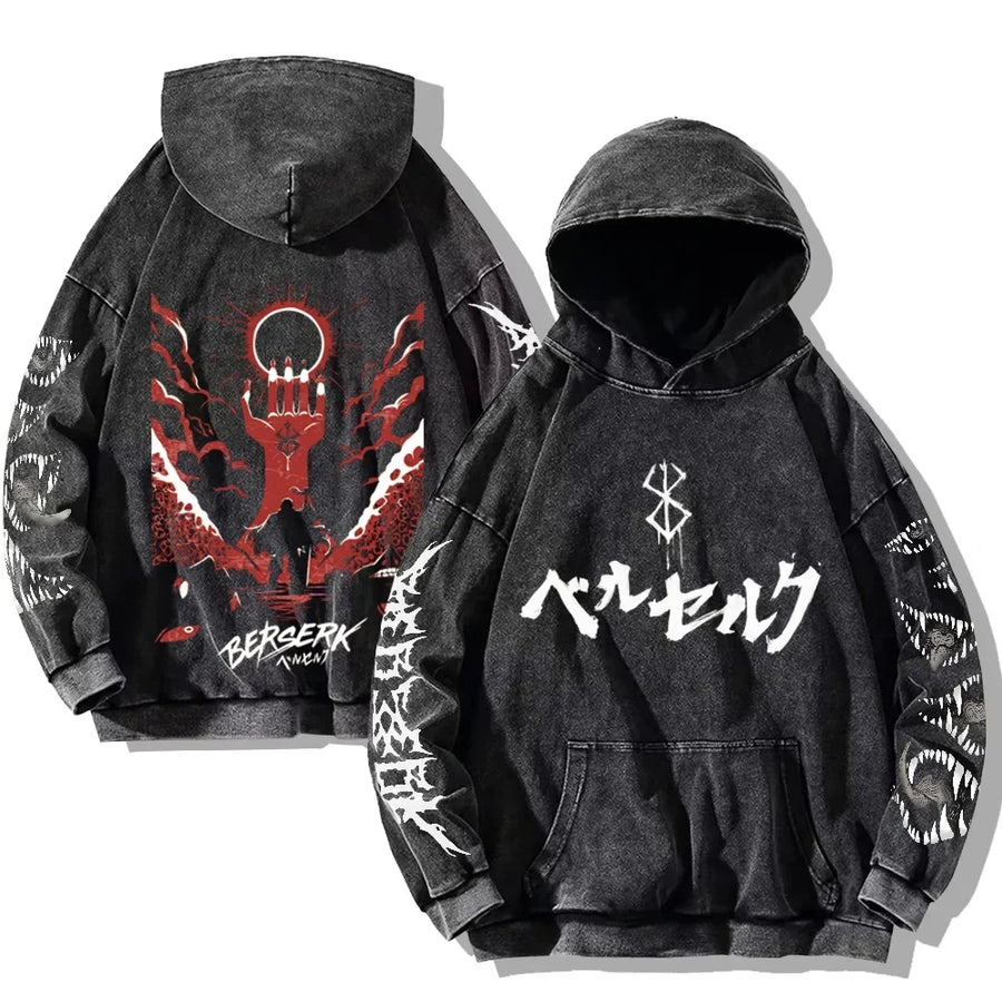 Svart huvtröja med tvättad look och tryck, Unisex Berserk-inspirerad hoodie