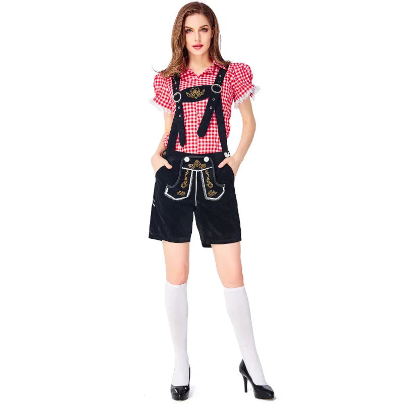 Dam Trachtenkostym med Rutig Blus och Hängselshorts