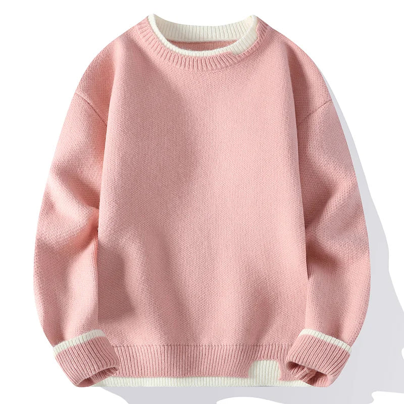 Unisex Långärmad Tröja Rundhalsad Kontrastkant Rosa