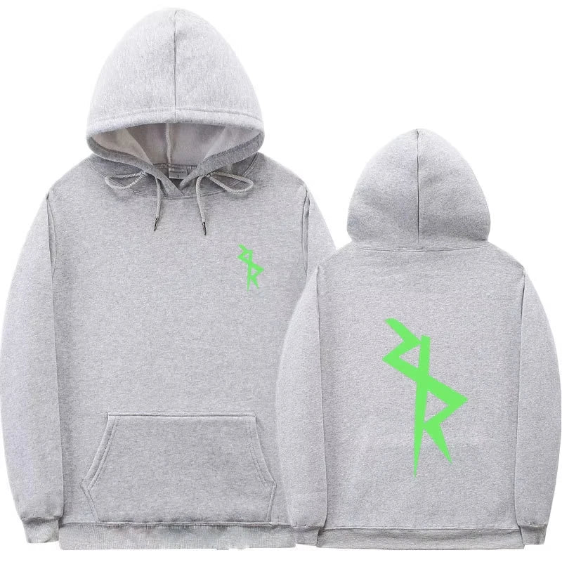 Hoodie med tryck, känguruficka och dragsko – svart, grå, vit