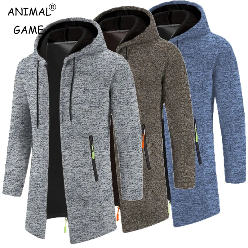 Mönstrad lång hooded cardigan med dragkedja för män