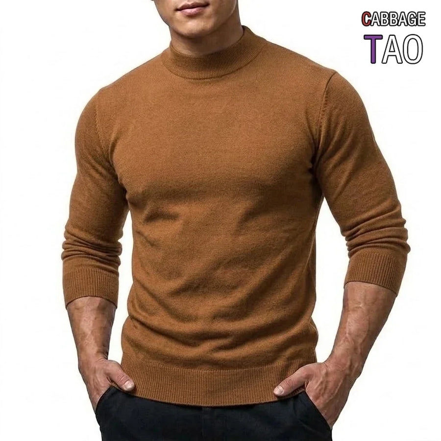 Herrtröja mockneck långärmad ribbstickad kant enfärgad