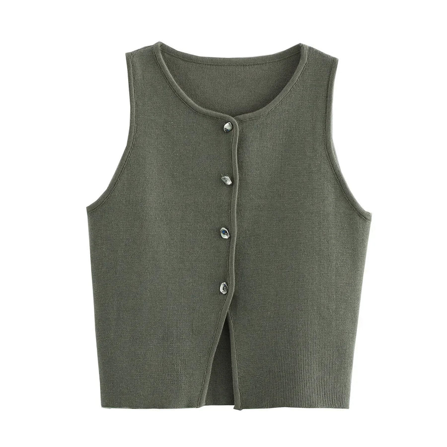 Ärmlös ribbad tröja med knappar, dam – V-ringad crop top
