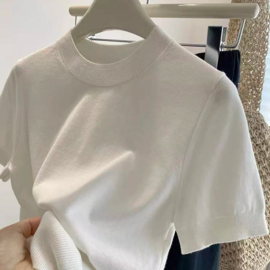 Dam T-shirt med korta ärmar och ribbad hals, enfärgad stickad topp