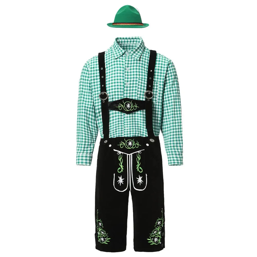 Herr Oktoberfestdräkt Brun/Svart Komplett Set Rutig Skjorta Hängselbyxor och Hatt