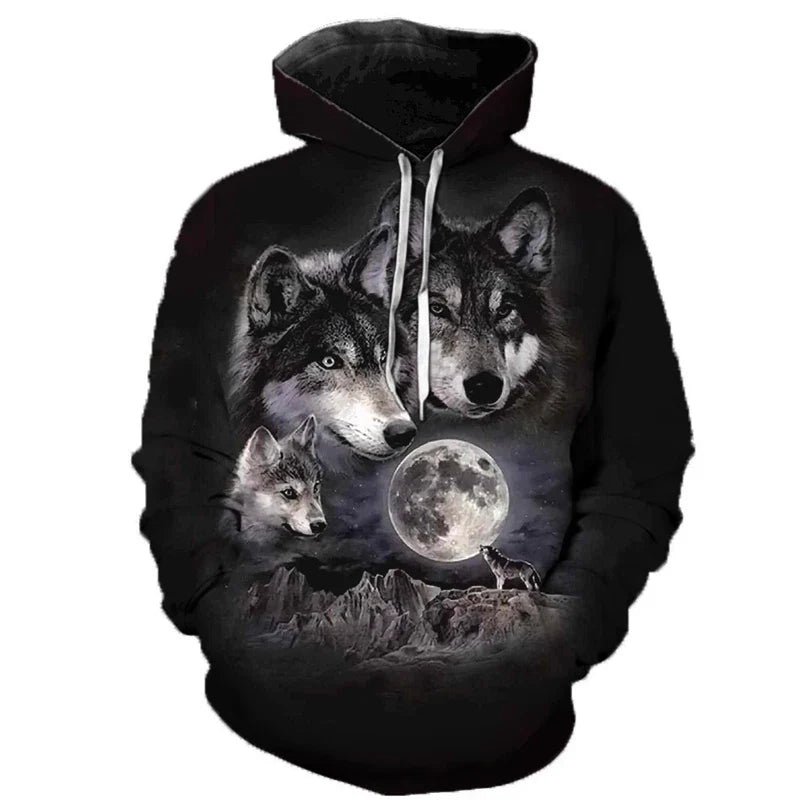 Hoodie med vargtryck i 3D, grafiskt mönster med vargar och måne