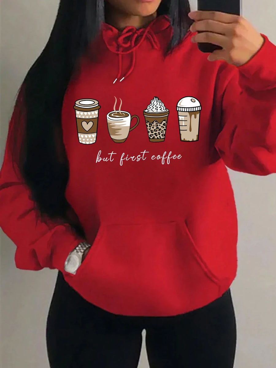 Huvtröja med "but first coffee"-tryck, känguruficka och dragsko