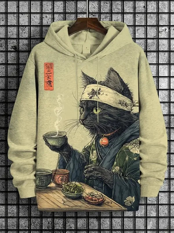 Hoodie med kattmotiv, tryck och huva, lång ärm