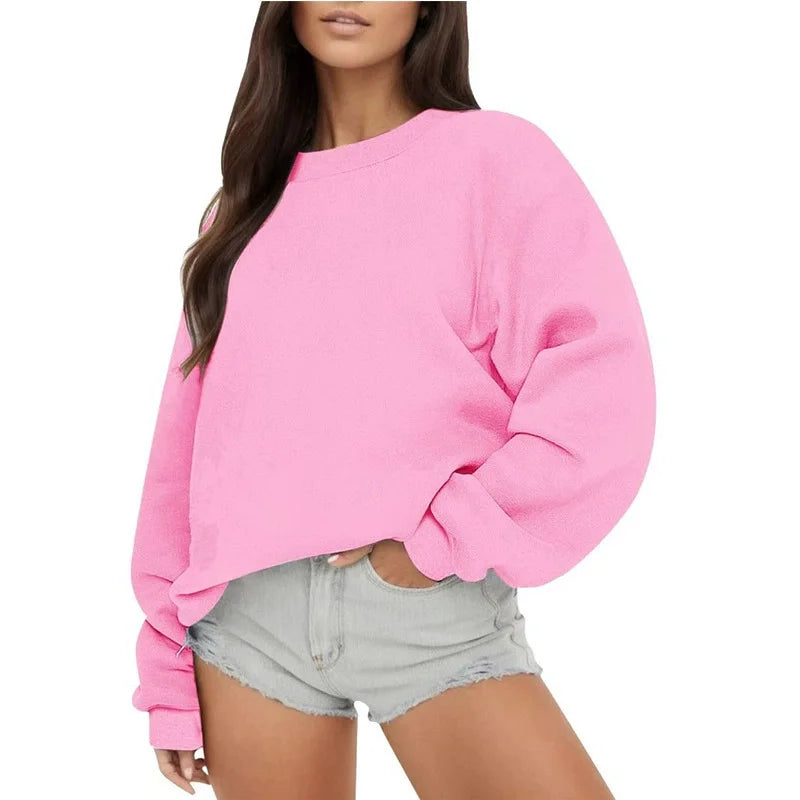 Enfärgad Sweatshirt för Dam med Rund Hals