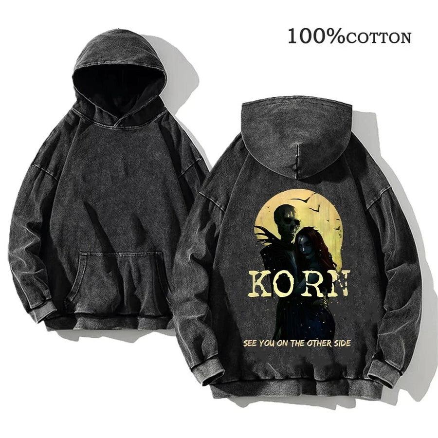 Unisex Huvtröja Oversize Grå Med Tryck och Känguruficka