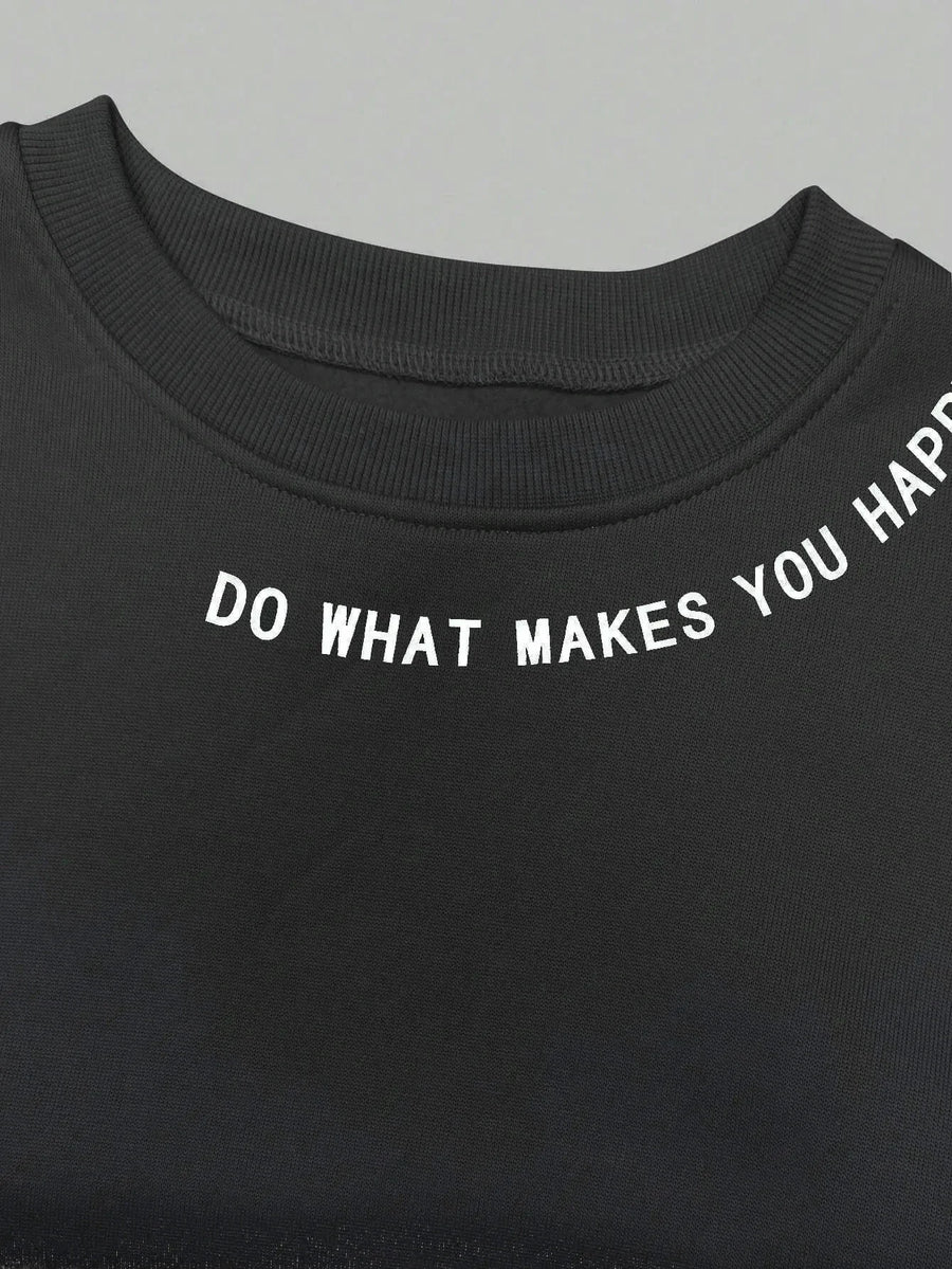 Mjuk Sweatshirt med Texttryck – Rundhalsad Tröja med Lång Ärm och Ribbade Muddar
