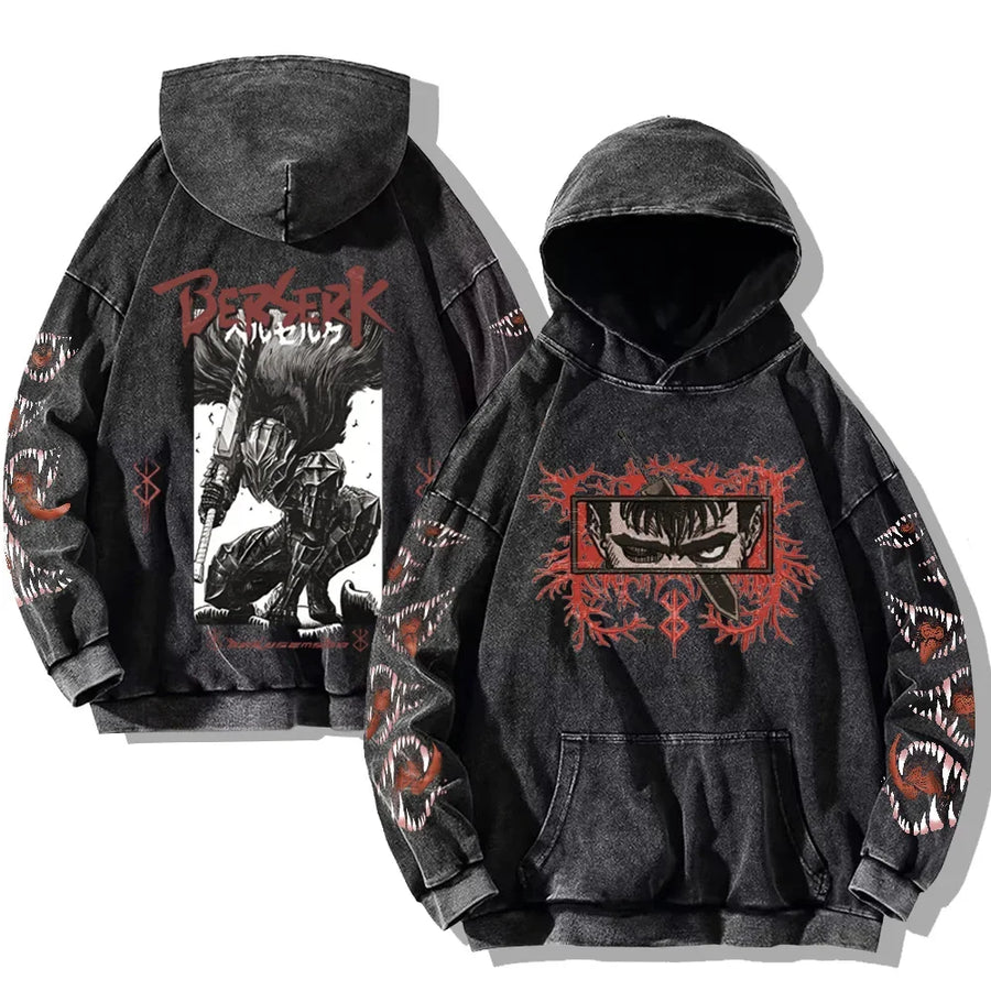 Svart huvtröja med tvättad look och tryck, Unisex Berserk-inspirerad hoodie