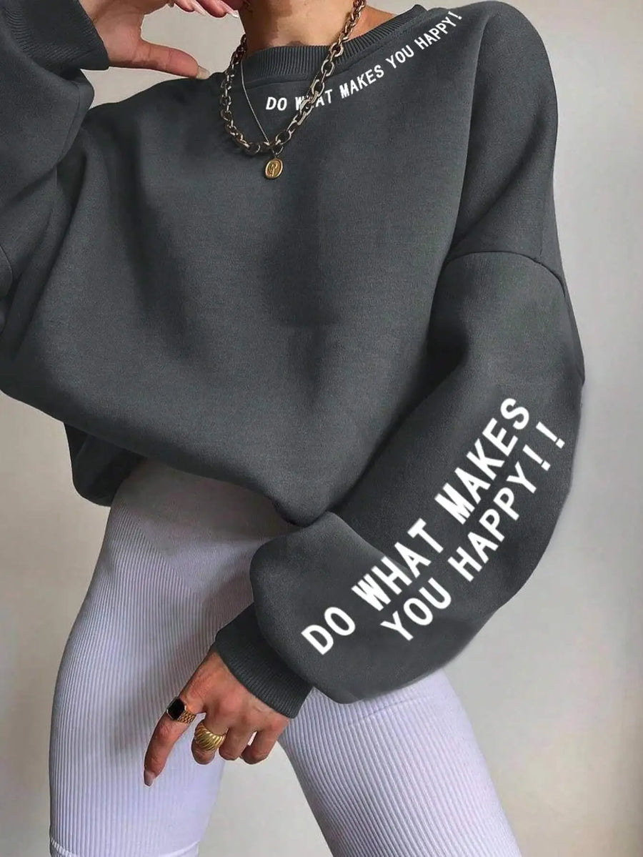 Mjuk Sweatshirt med Texttryck – Rundhalsad Tröja med Lång Ärm och Ribbade Muddar