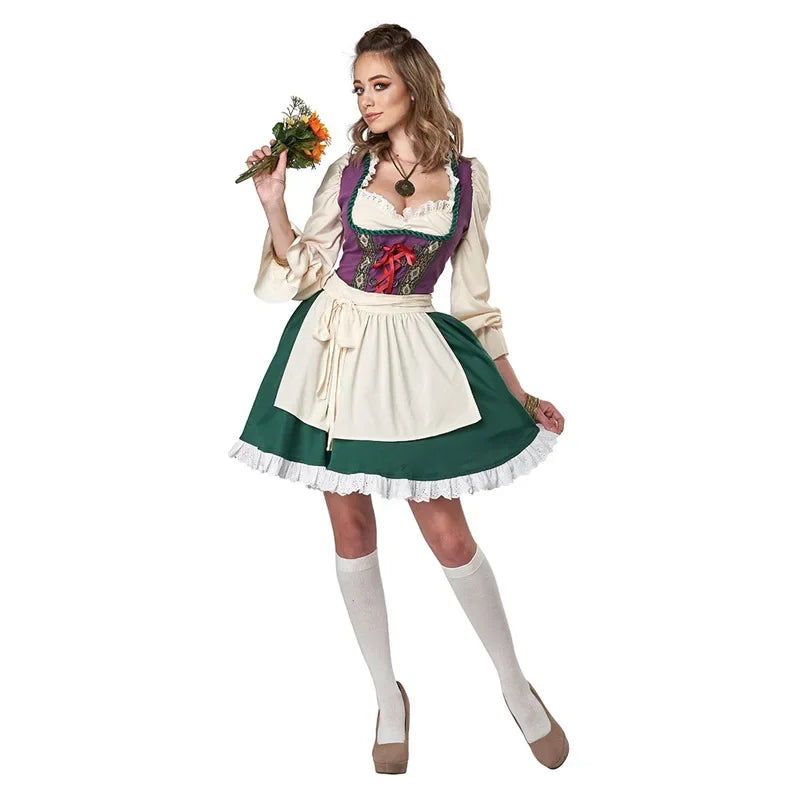 Dam Oktoberfestdräkt Grön Vit Lila med Blus och Förkläde