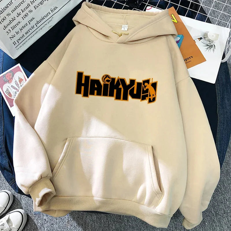 Hoodie med Karasuno Volleyball Club-tryck, beige/svart, unisex