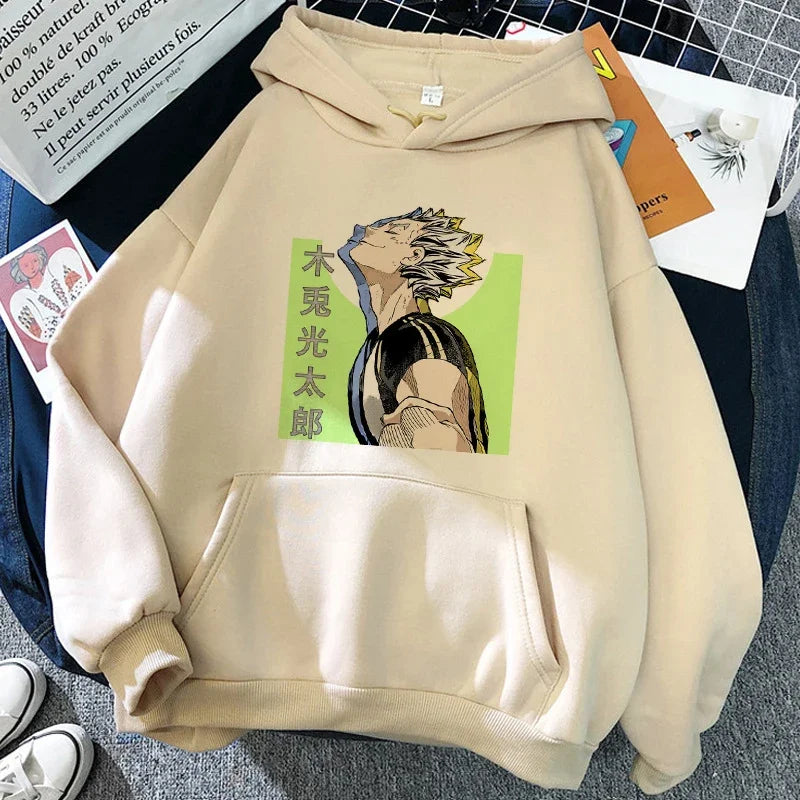 Hoodie med Karasuno Volleyball Club-tryck, beige/svart, unisex