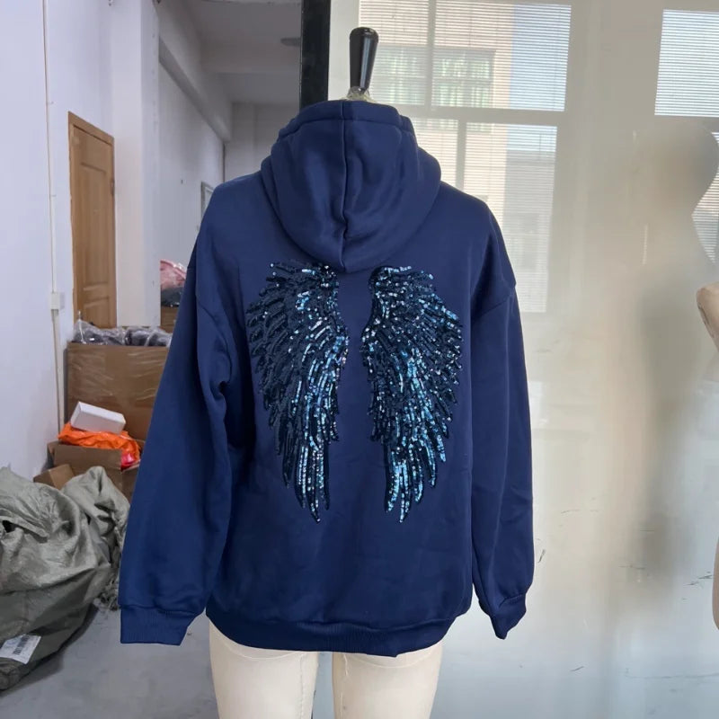 Dam Hoodie med Paljettvingar, Långärmad, Svart, Marinblå, Grå