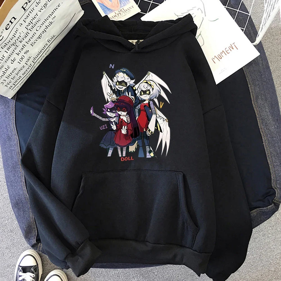 Hoodie med tryck och magficka, långärmad huvtröja