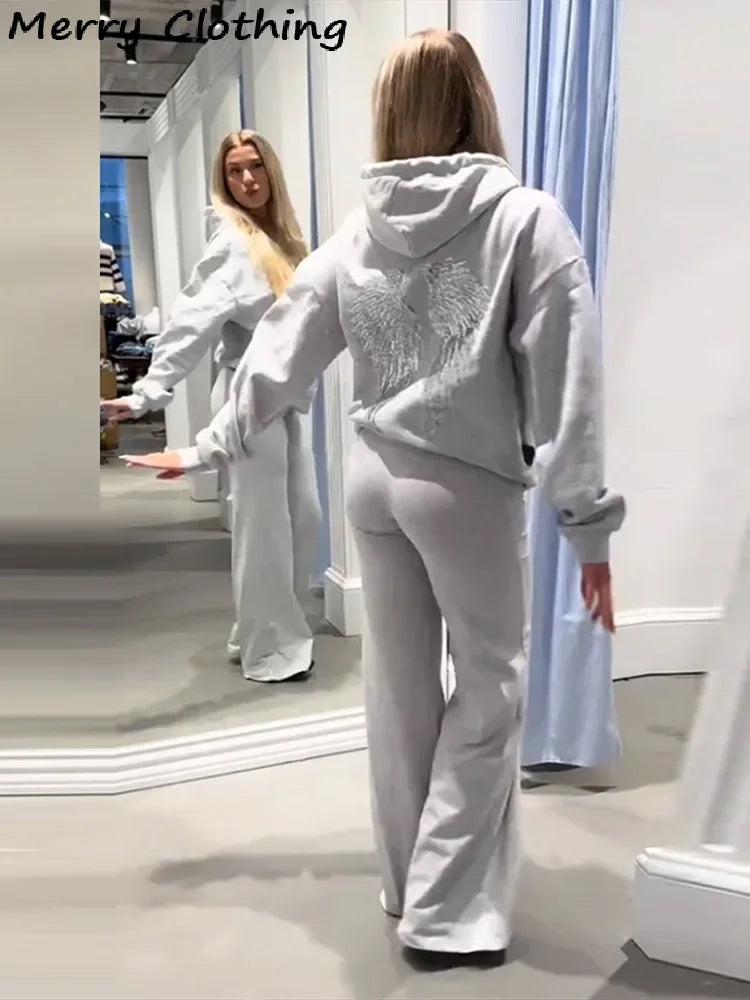 Dam Hoodie med Paljettvingar, Långärmad, Svart, Marinblå, Grå