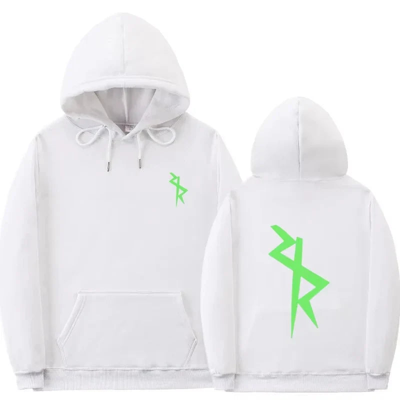 Hoodie med tryck, känguruficka och dragsko – svart, grå, vit