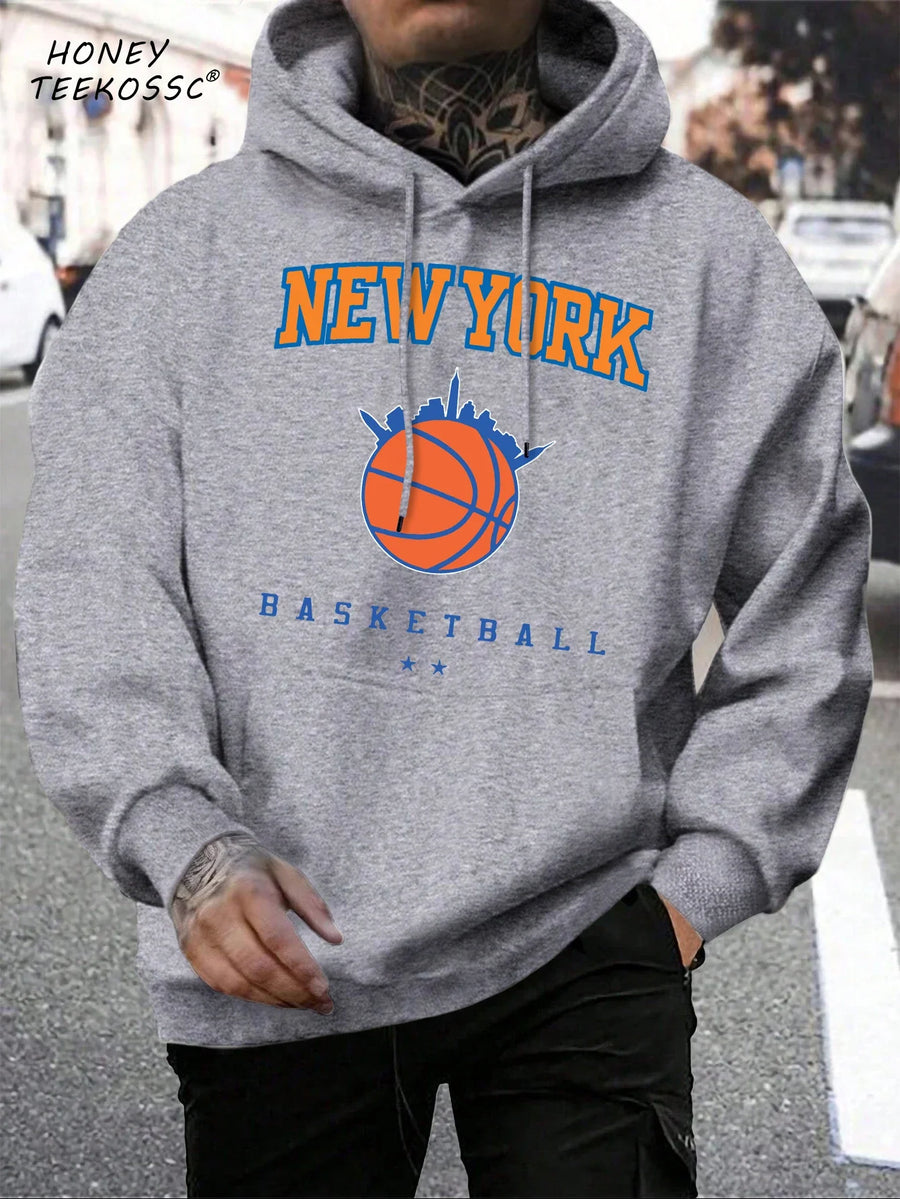 Hoodie med "New York" eller "Brooklyn" tryck, dragsko och känguruficka för män