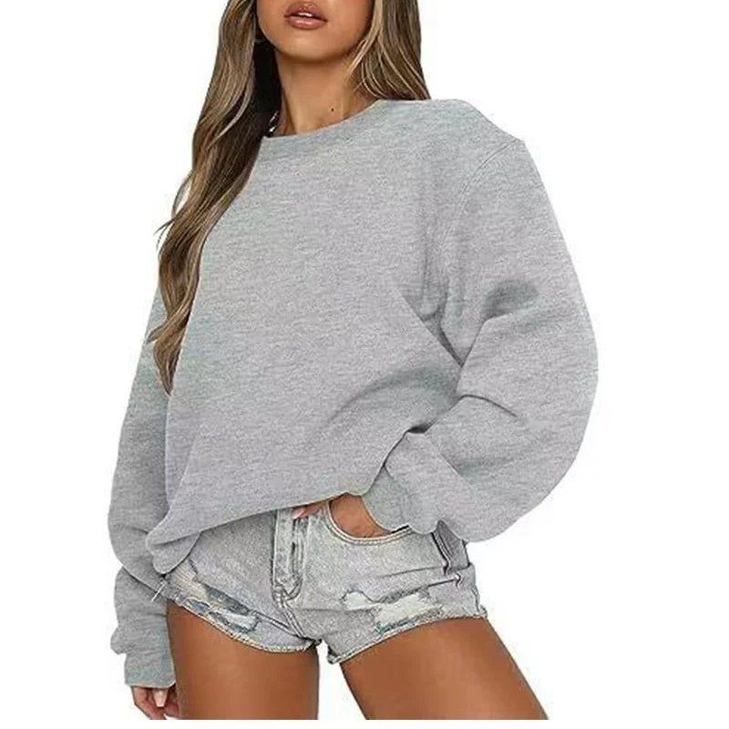 Enfärgad Sweatshirt för Dam med Rund Hals