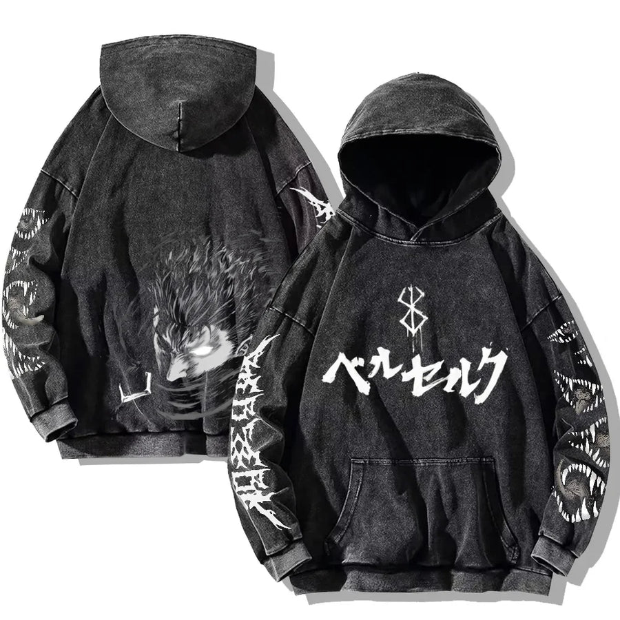 Svart huvtröja med tvättad look och tryck, Unisex Berserk-inspirerad hoodie