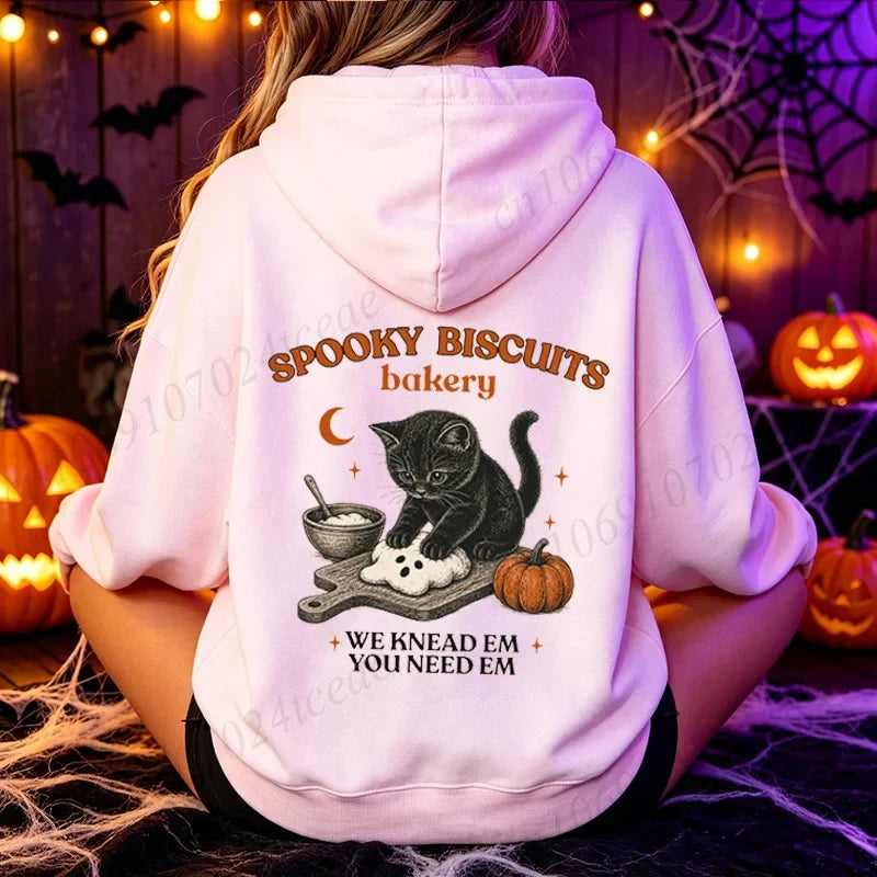 Halloween Hoodie med Katter och Pumpor, Långärmad Tröja med Tryck