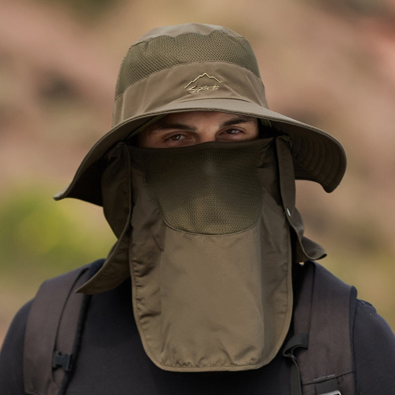 Unisex Solhatt med Hals- och Ansiktsskydd, Justerbar Rem, Grå