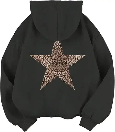 Hoodie med leopardmönstrad stjärna på ryggen, oversized passform