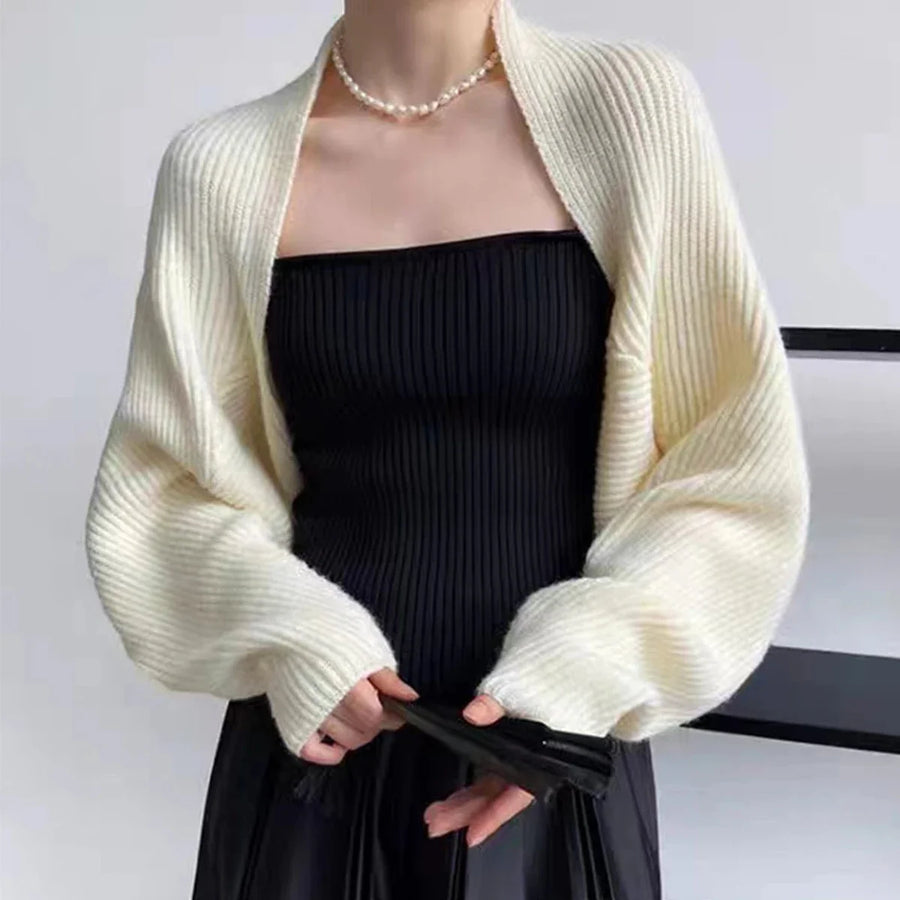 Ribbad crop top med långa ärmar för dam, bolero-stil, stickat utseende