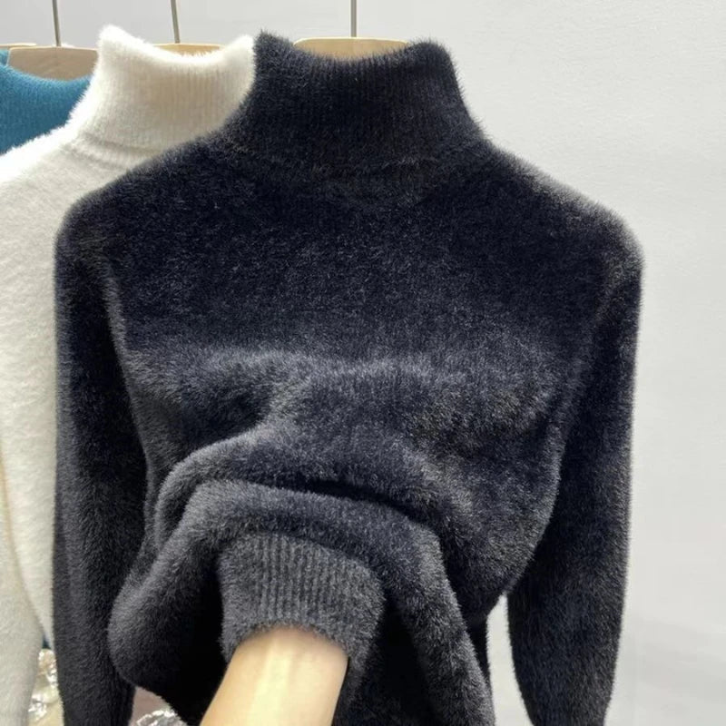 Mjuk Höghalsad Tröja för Dam i Fluffigt Material, Långärmad