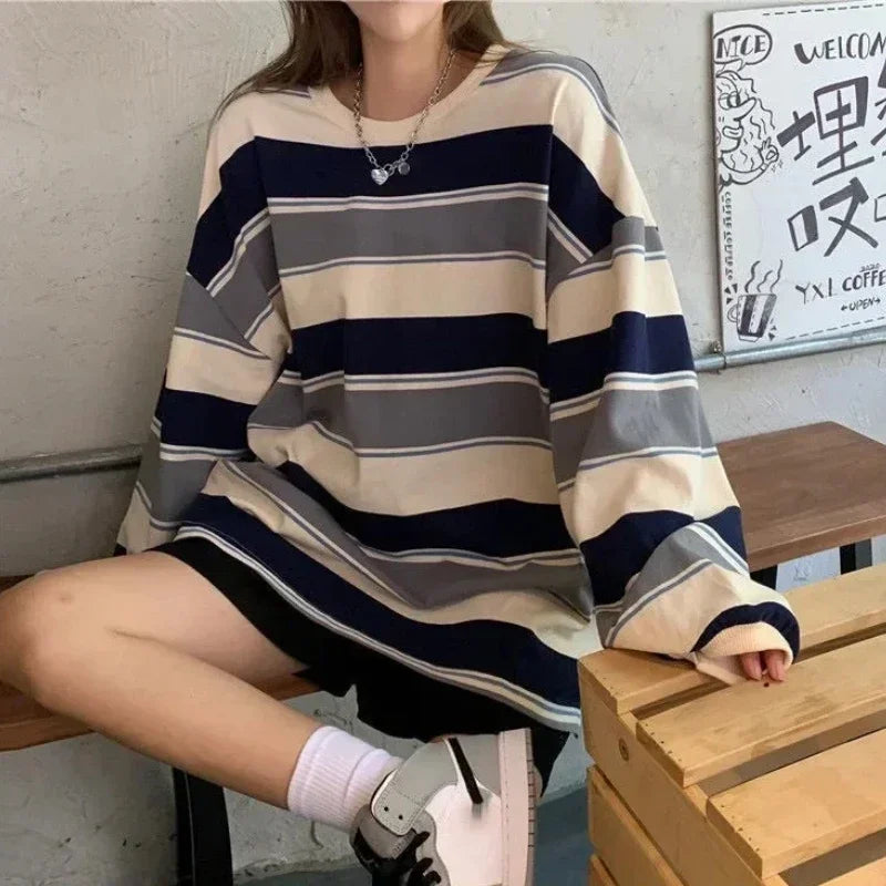 Randig långärmad T-shirt oversized i mjukt material