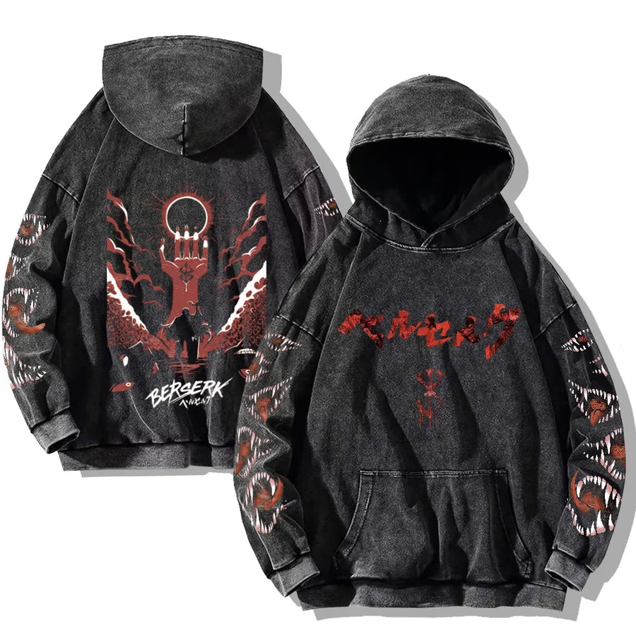 Svart huvtröja med tvättad look och tryck, Unisex Berserk-inspirerad hoodie